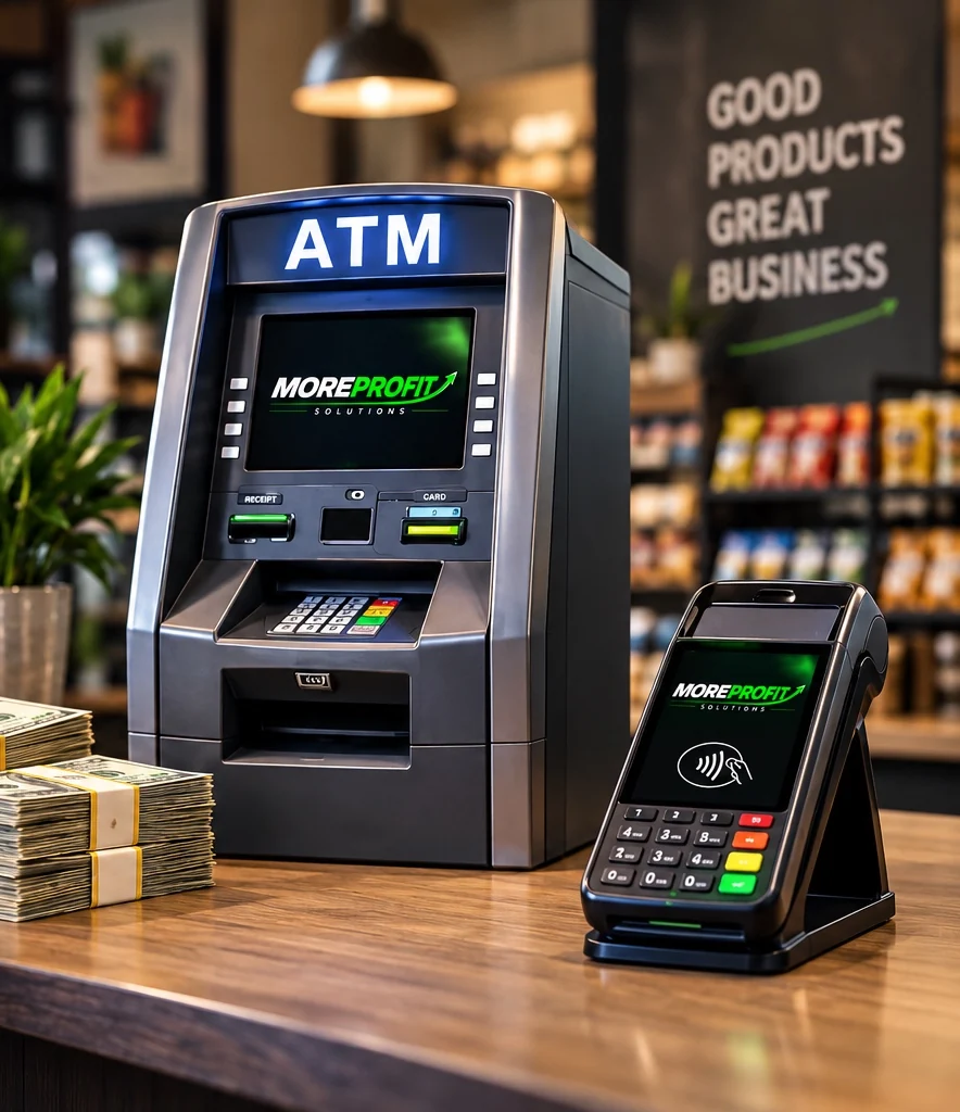 ATM, bundled cash and a countertop card payment terminal in a retail store